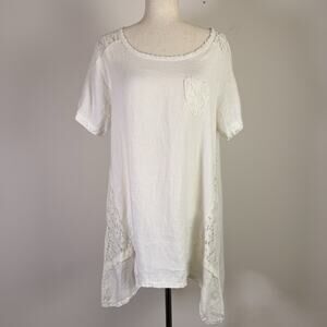 Un Coeur En Ete‎ Boho Lagenlook Tunic Top/Dress 42 Linen White Lace Trim Italy